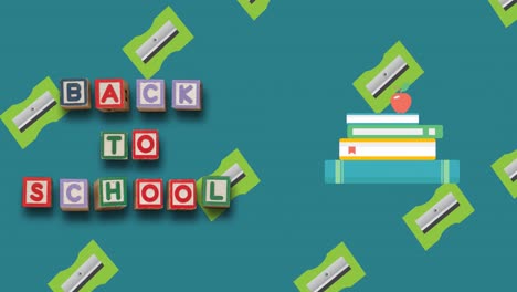 Animation-of-back-to-school-text-over-school-items-icons-on-green-background