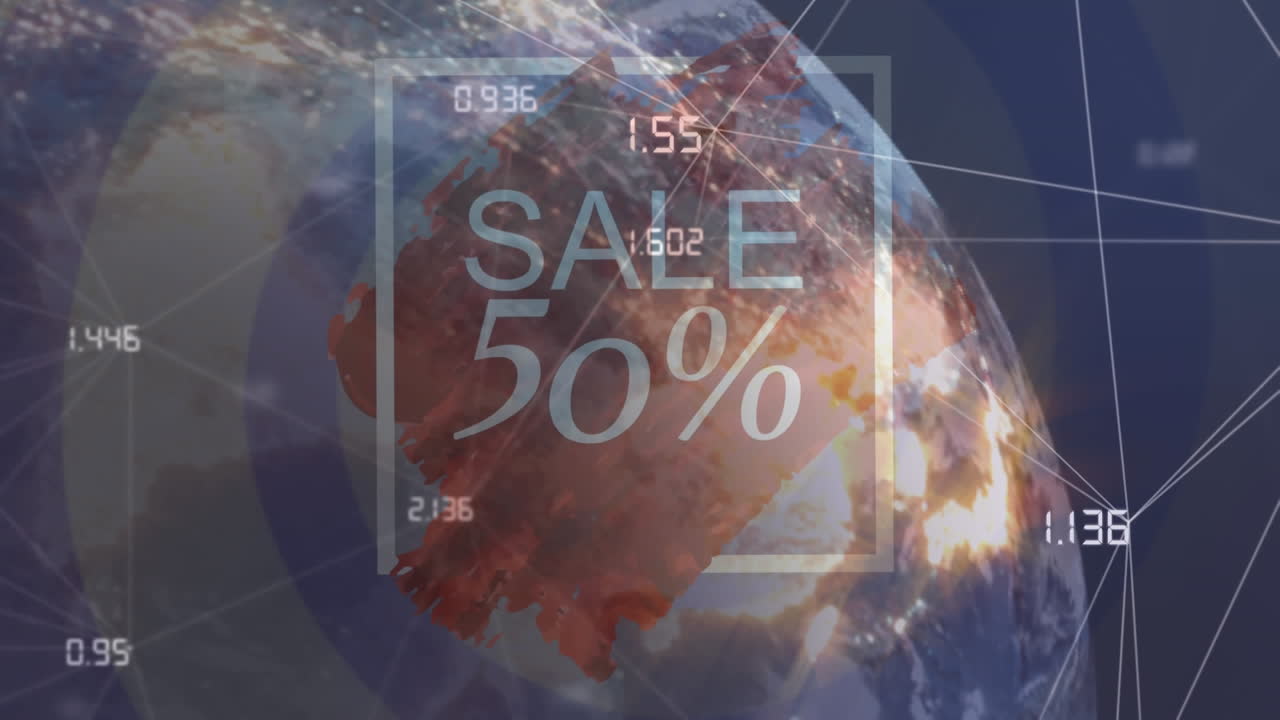 텍스트 판매의 애니메이션 50%, 네트워크와 데이터로 전 세계에 걸쳐, 어두운 배경에