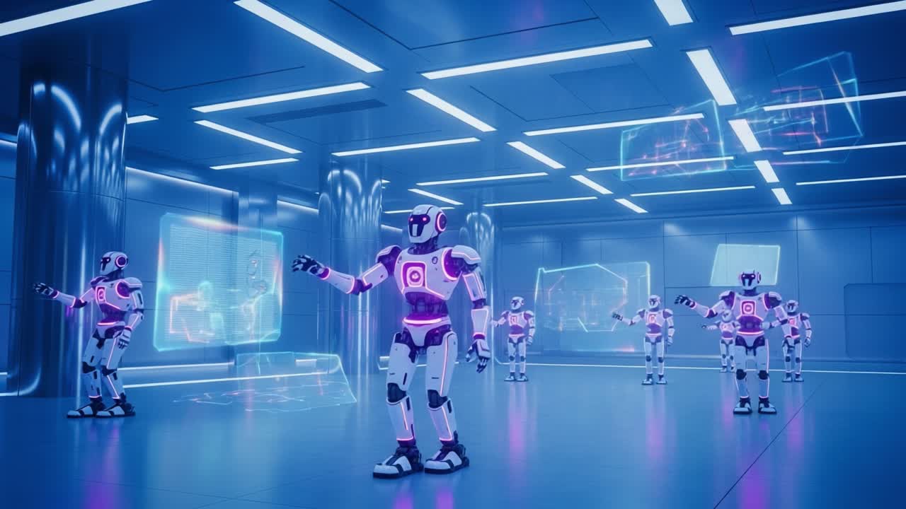 In a Futuristic Space, Advanced Robots Engage with Holographic Displays, Demonstrating High-Tech Interactions in a Neon-Illuminated Environment