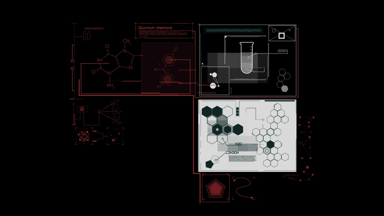 Futuristic HUD Display Showing Quantum Chemical Analysis and Molecular Structures