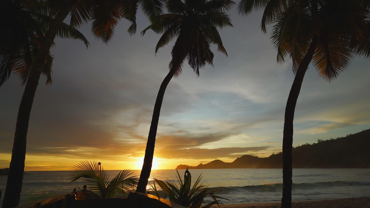 Sunset at takamaka beach between palm trees on docking boat, Mahe Seychelles.