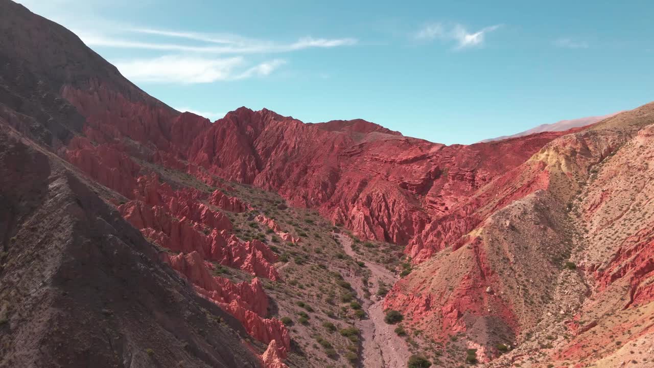 toma aerea del valle rojo de los colorados, purmamarca, jujuy, cielo azul, norte de argentina