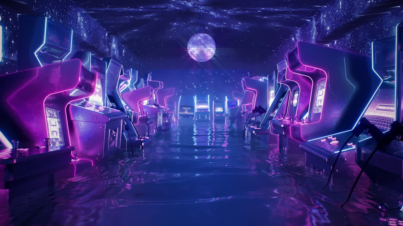 레트로 웨이브 스타일의 네온 아케이드 복도 루프