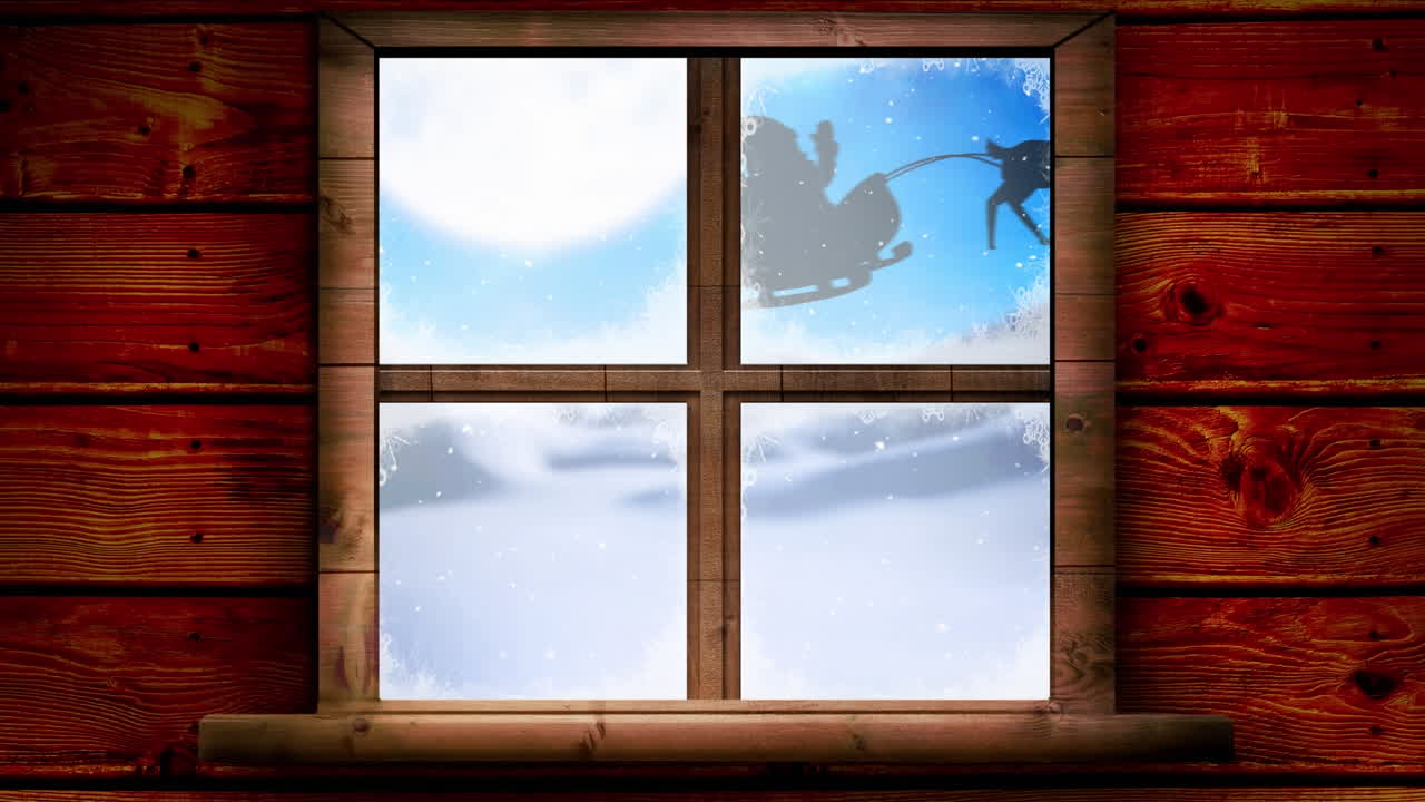 Animation af julemanden i kane med rensdyr i vinterlandskab set gennem vindue