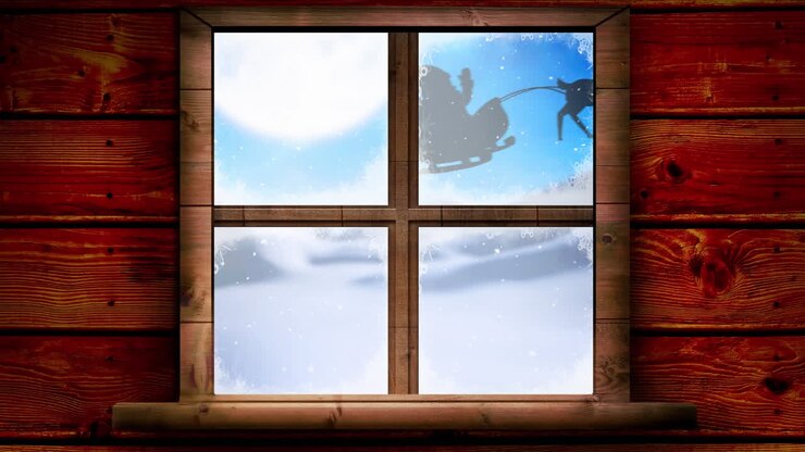 Animation of santa claus in sleigh with reindeer in winter scenery seen through window