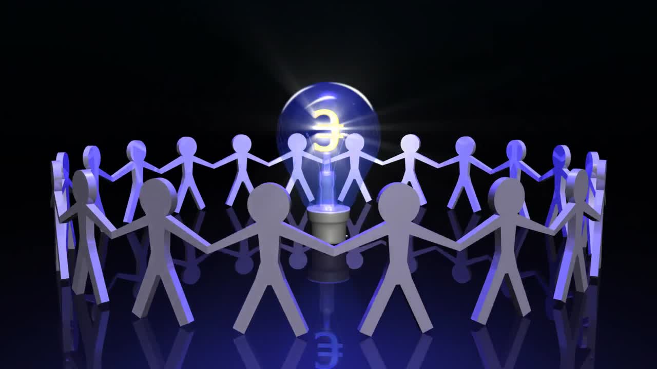 아이콘 사람들은 중앙에 전구와 함께 원을 돌고 있습니다.