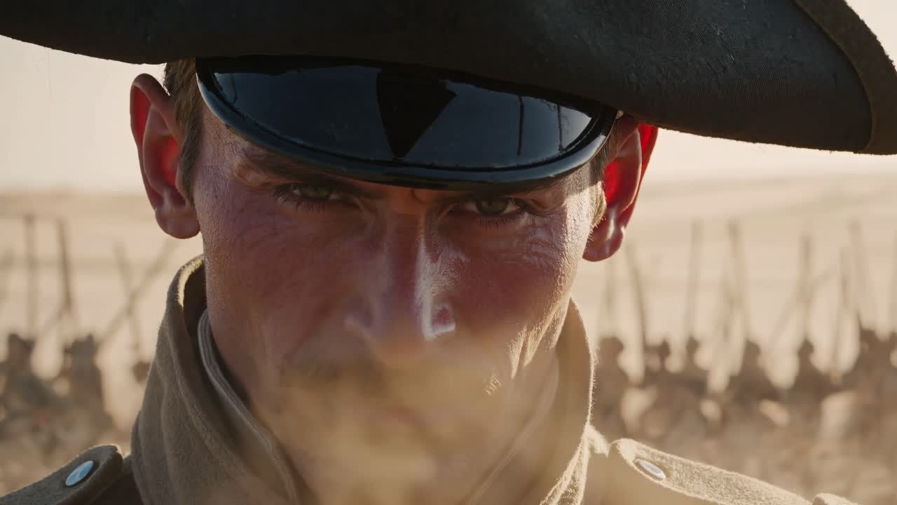 Close-up video still of a soldier in historical attire, capturing intense focus