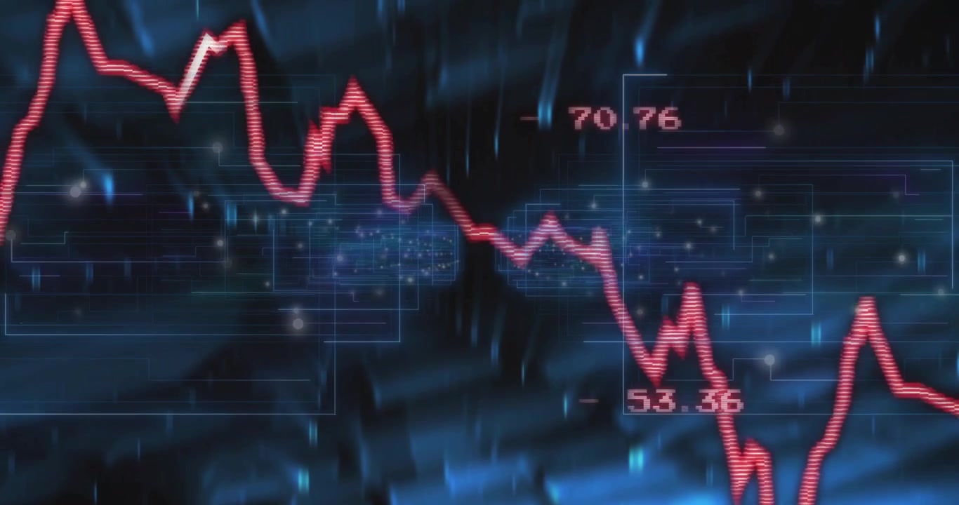 At playback start red line chart unfolding on blue grid, fluctuating to visualize metric volatility