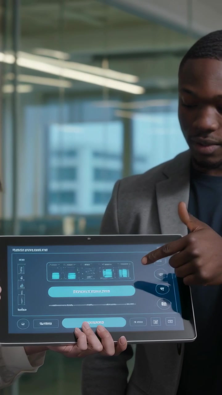 Vertical video: Tapping blue bar, woman in white top demoing tablet to man in grey blazer at office