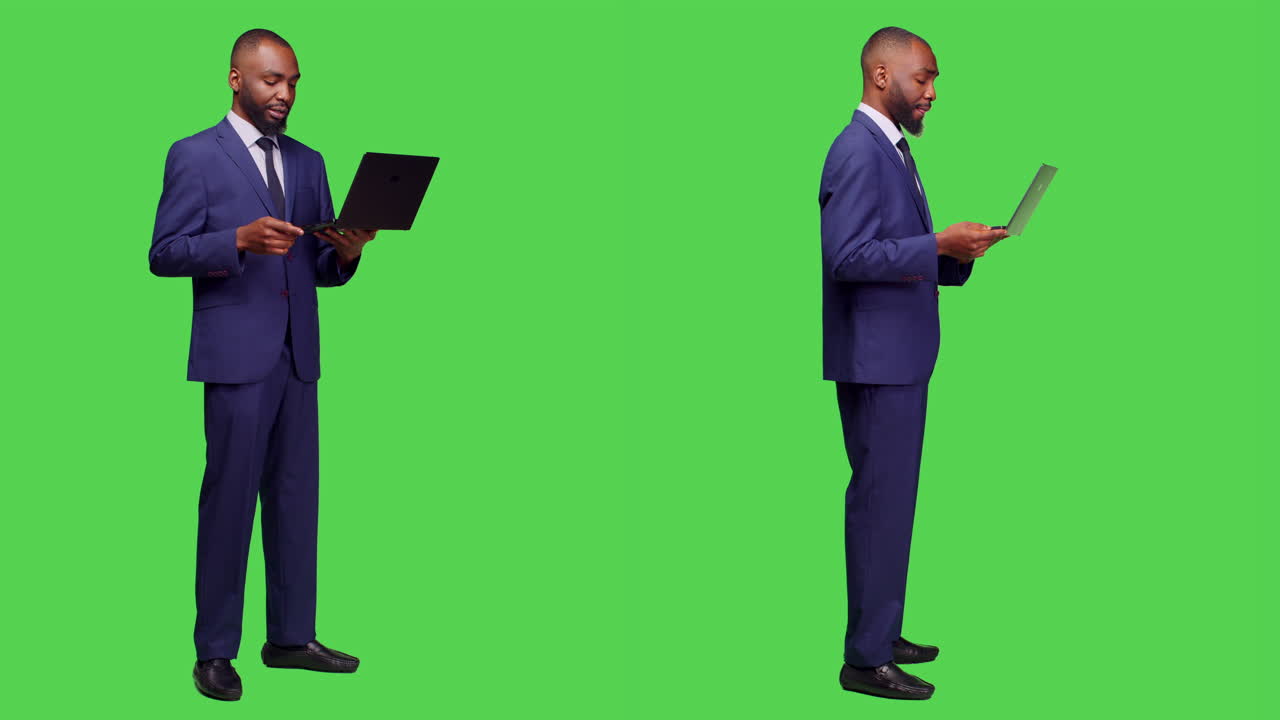 Empresário usando laptop em tela verde