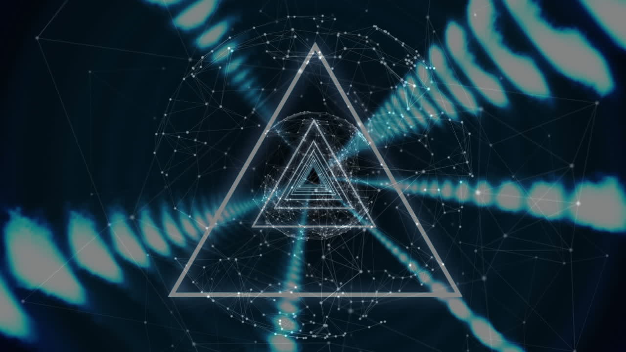 빛나는 불빛의 줄과 연결의 네트워크와 함께 지구, 네온 삼각형의 애니메이션