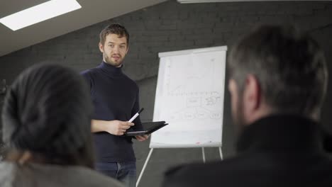 Handsome-young-businessman-pointing-at-flipchart-during-presentation-in-conference-room-and-holding-tablet.