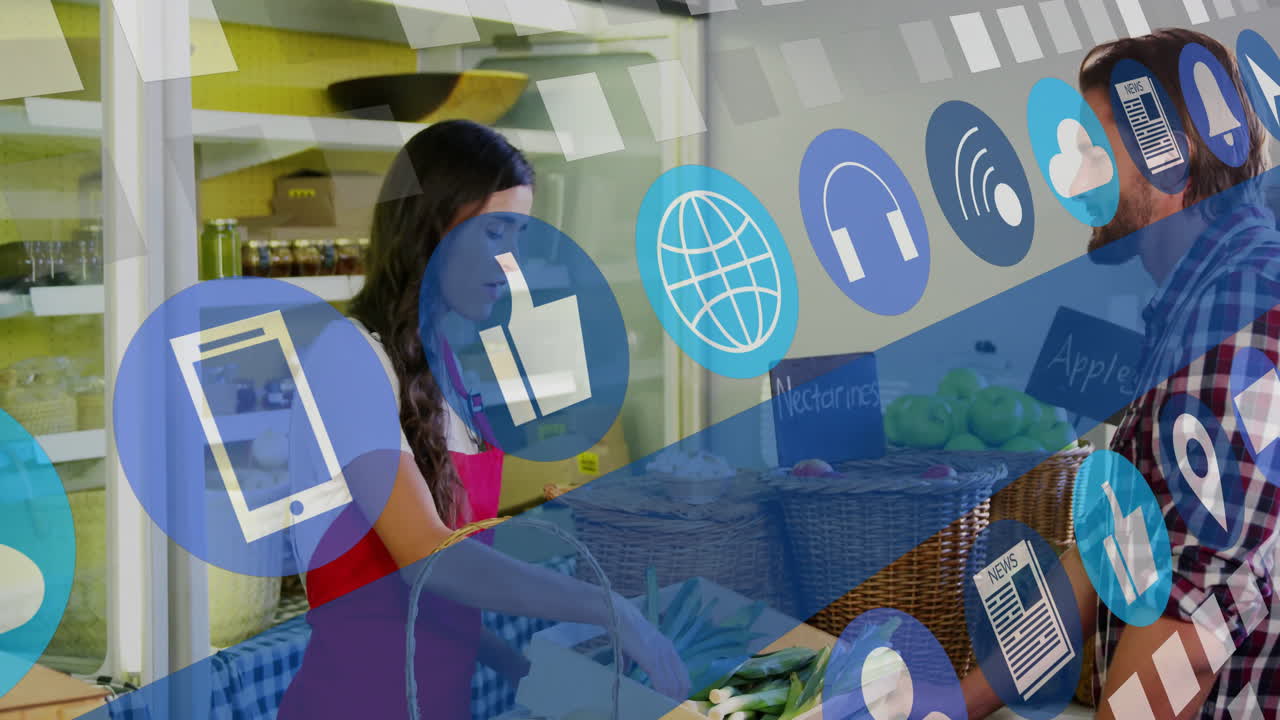 Shopping for vegetables, woman with animation of social media icons overlaying scene