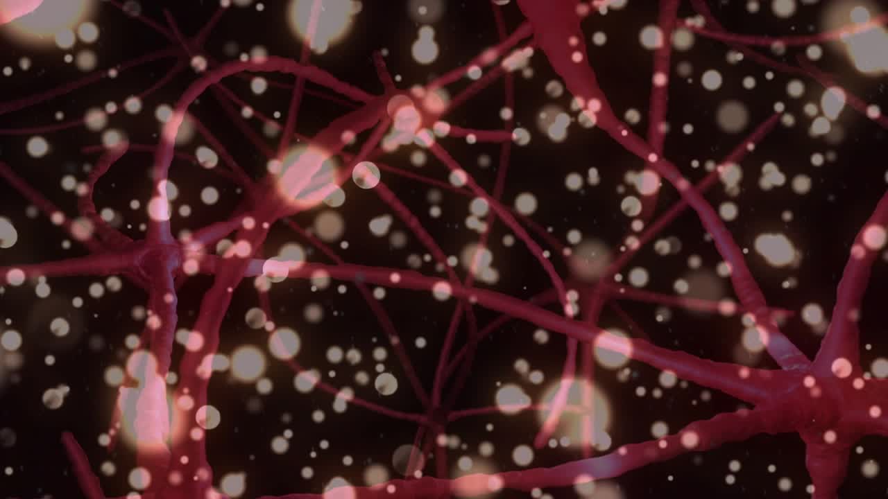 Glowing spheres drifting through void revealing red filaments twisting and receding showing depth