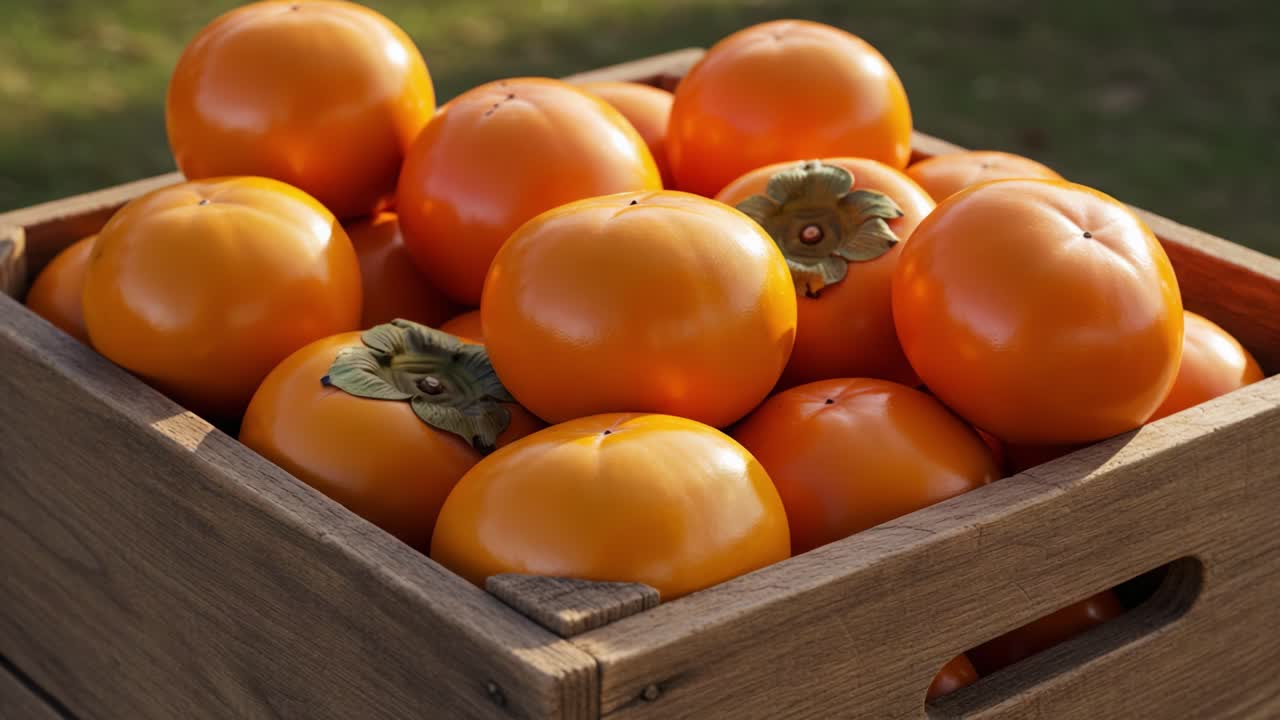 A Vibrant Collection of Fresh Persimmons Nestled in a Wooden Crate, Showcasing Their Distinctive Bright Orange Color and Leafy Tops in a Natural Outdoor Setting