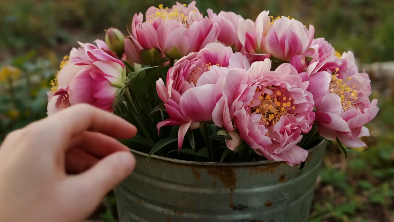 Mani che si toccano, si separano, cullando una peonia rosa in un giardino, rivelandone gli stami, un secchio, una manica