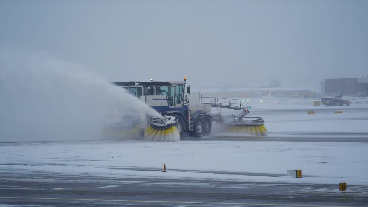 Snowplow clearing an airport runway in winter