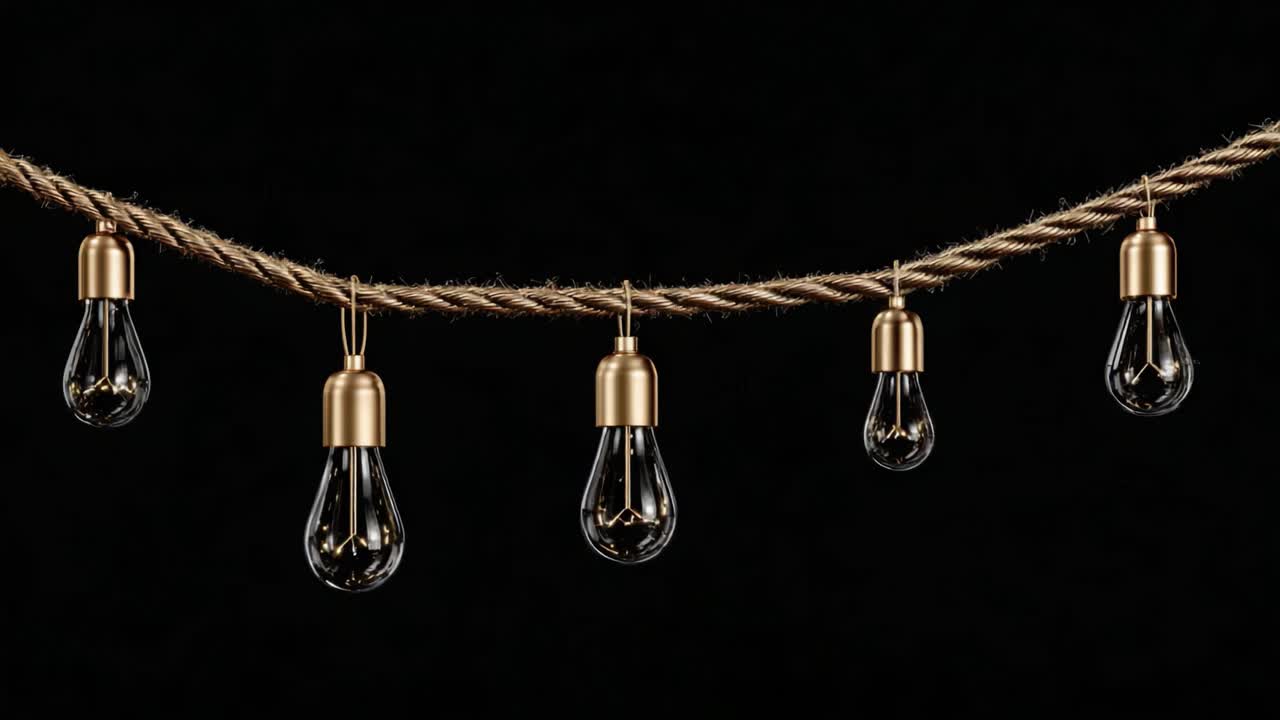 Illuminated Decorative Light Bulbs Hanging Elegantly on a Twisted Rope, Creating a Warm and Inviting Atmosphere Against a Dark Background
