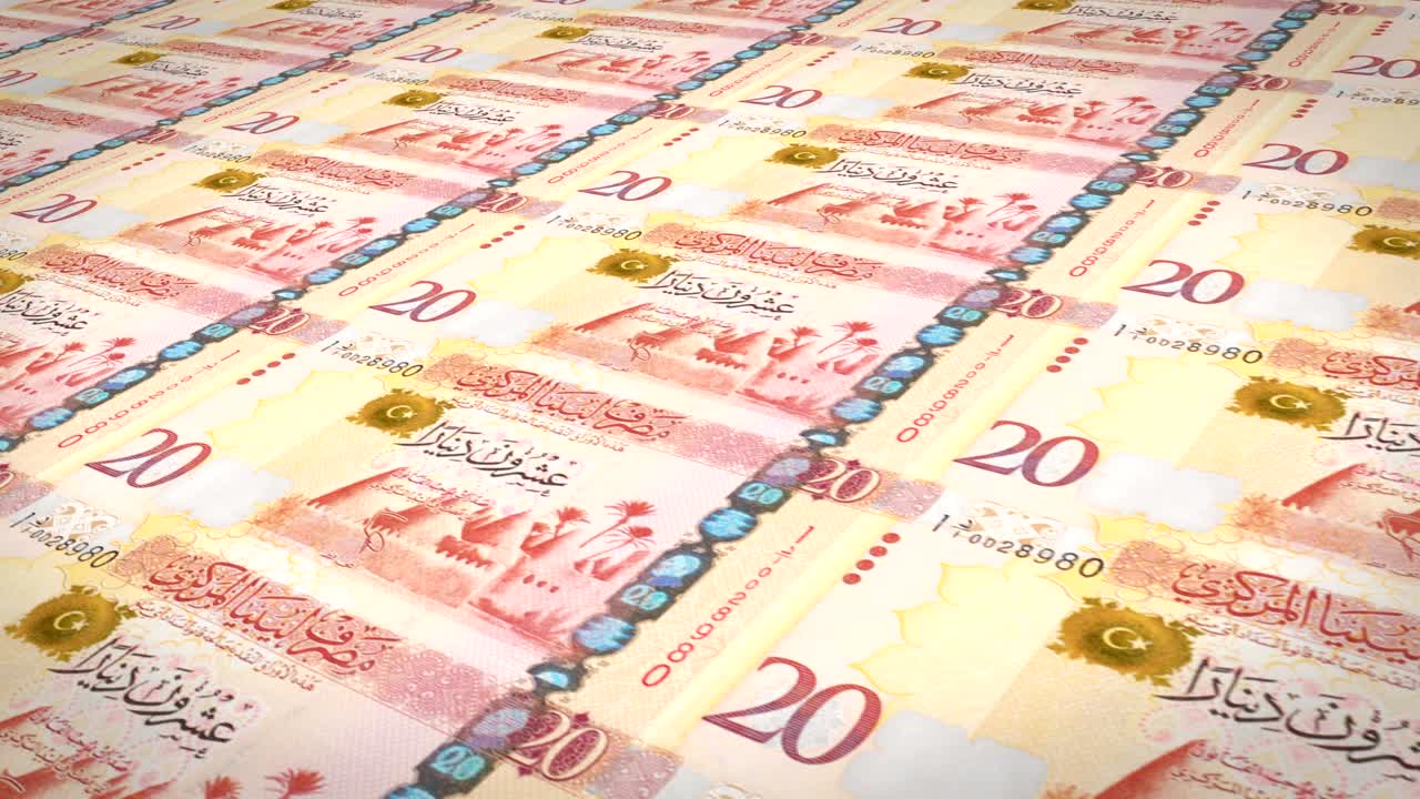Libya'nın yirmi Libya dinarı banknotları ekranda yuvarlanıyor, nakit para, döngü