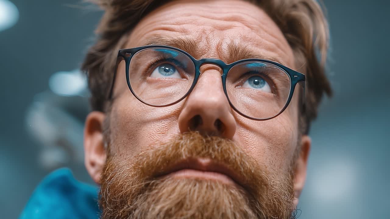 A Pensive Man with Glasses and a Distinctive Beard Gazes Upward, Capturing a Moment of Reflection and Introspection in a Softly Lit Environment