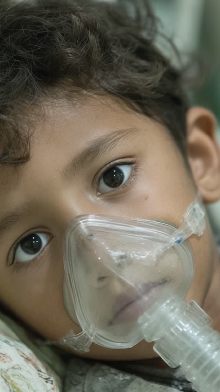 Un bambino che indossa una mascherina medica appare contemplativo e vulnerabile, catturato in un momento che riflette sia l'innocenza che le sfide della salute in una prospettiva ravvicinata