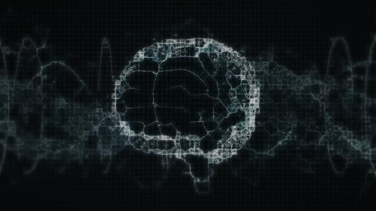 Animation of digital brain and shapes moving on black background