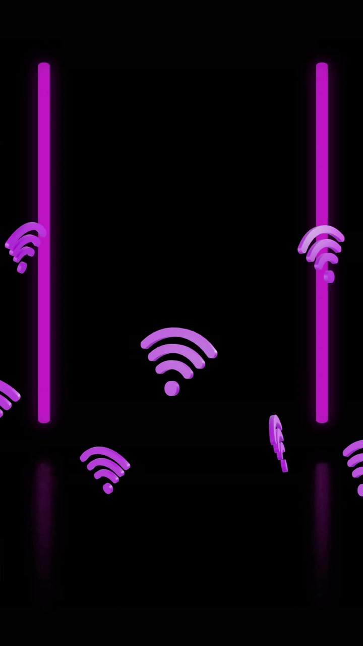 Animation af Wi-Fi-ikoner og neonlysspor på sort baggrund