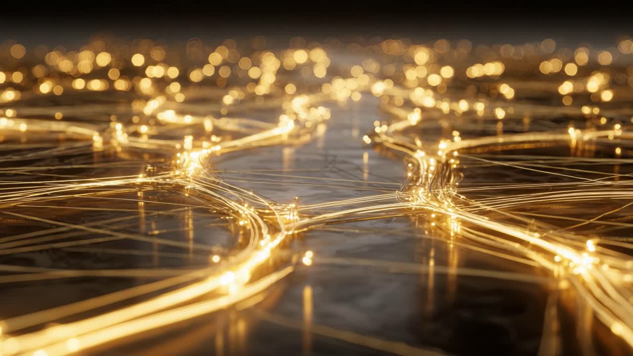 Golden light streaks moving along fiber optic cables across a dark reflective surface, representing fast data transfer, information flow, network communication, and modern digital technology
