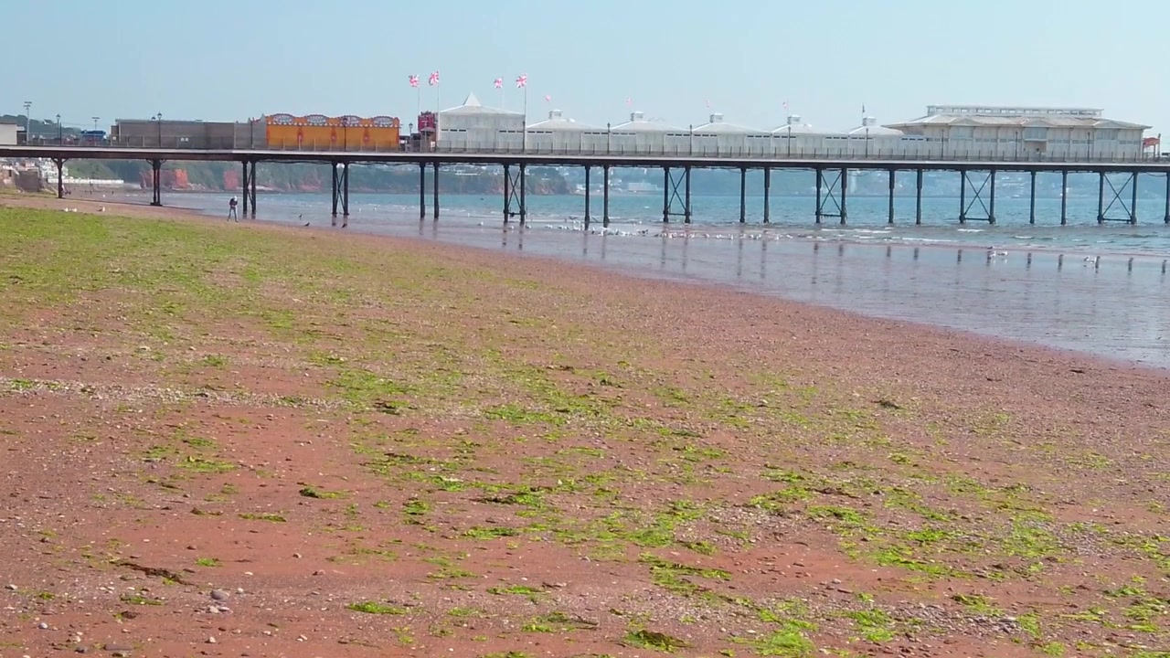 Uma ampla tomada estática externa revela a extensa estrutura palafitada do histórico Píer de Paignton, estendendo-se para o mar sobre uma vasta faixa de praia de areia vermelha coberta com manchas de algas verdes em Devon.