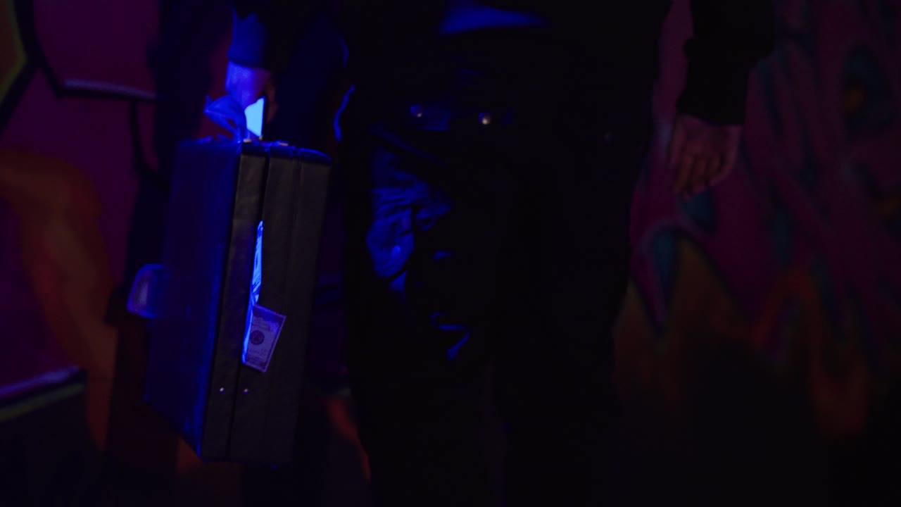 showing a briefcase stuffed with cash, captured in slow motion under dramatic lighting, symbolizing wealth, corruption, crime, power, illegal deals, or high-stakes business and finance