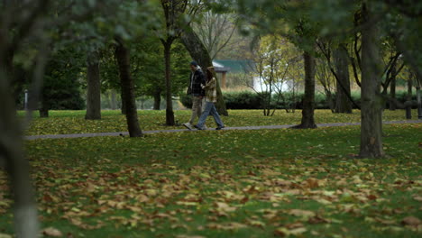 Close-up-view-of-beautiful-autumn-park-with-young-walking-couple-on-background.