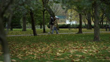 close up view of beautiful autumn park with young walking couple on background.