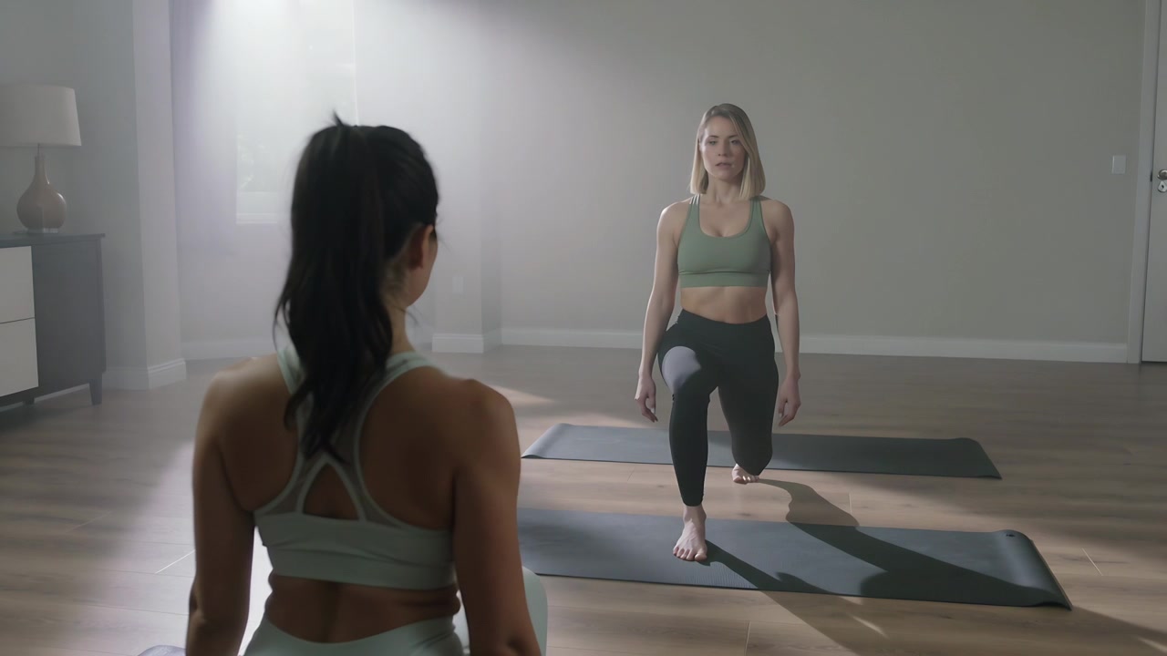 Mulher loira entrando, fazendo afundos em estúdio para treino, vestindo roupa esportiva com dois tapetes.