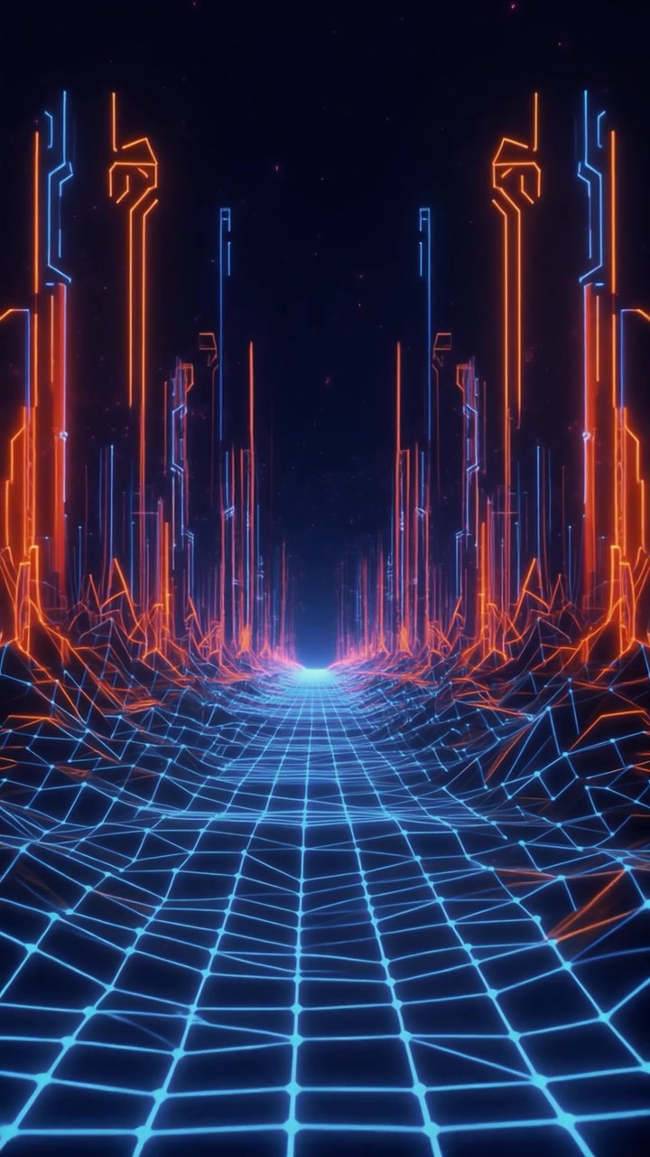 Tunnel Digitale Neon Futuristico con Strutture Geometriche Luminose