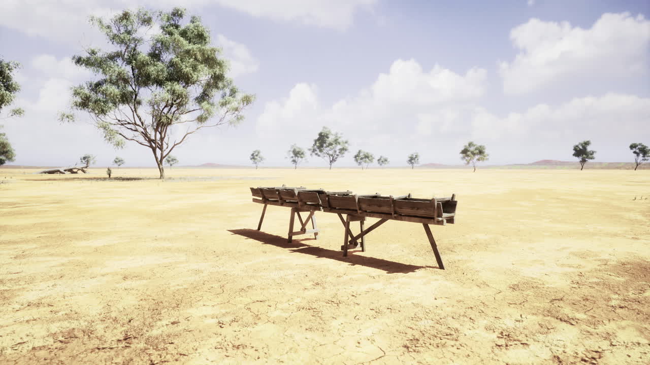 Desert landscape with wooden benches under a clear blue sky in daylight