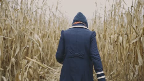 Rear-View-Of-A-Woman-In-Long-Black-Hooded-Coat-Walking-In-Dry-Corn-Field---Slow-Motion