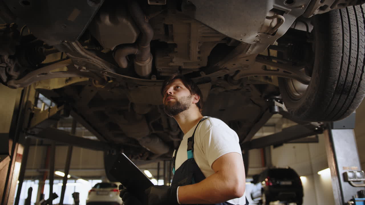 mecánico de automóviles inspeccionando el tren de aterrizaje de un automóvil