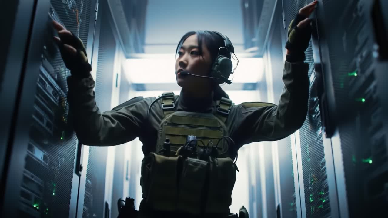 A determined soldier navigates through high-tech server racks, showcasing resilience and focus in a critical operation amidst a futuristic backdrop of advanced technology
