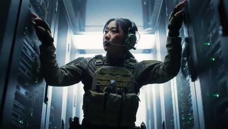 a determined soldier navigates through high-tech server racks, showcasing resilience and focus in a critical operation amidst a futuristic backdrop of advanced technology