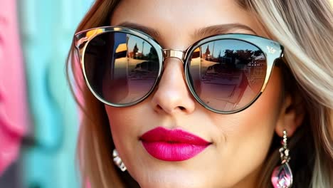 a woman wearing a pair of sunglasses and a pink lipstick