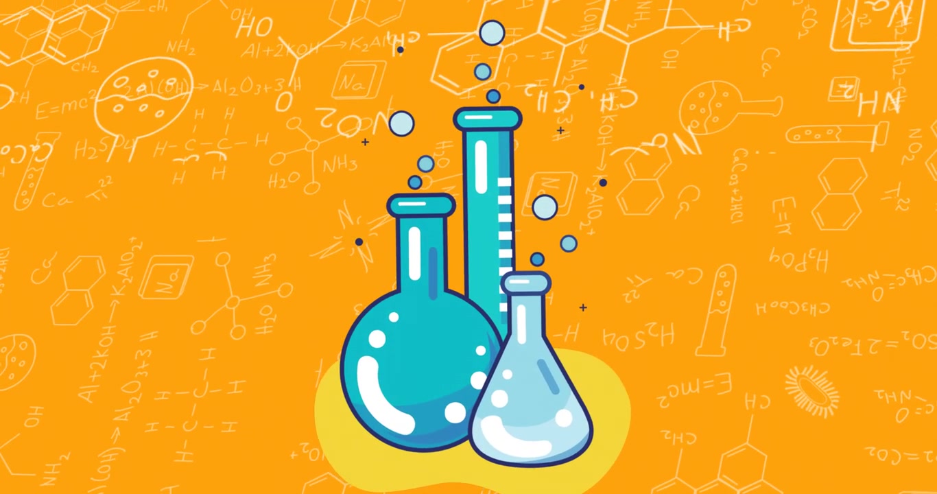 Animation of laboratory equipment icon against chemical structures and equations in seamless pattern