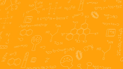 animation of laboratory equipment icon against chemical structures and equations in seamless pattern