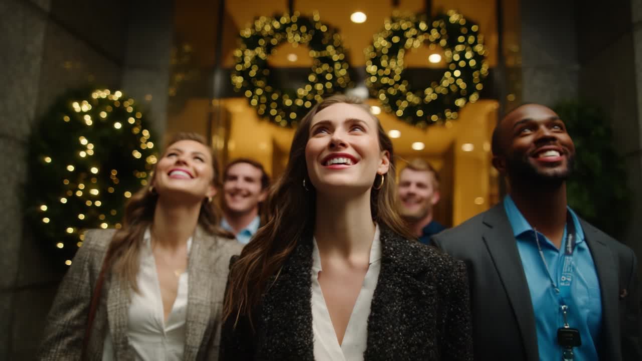 Joyful Group Celebrating the Festive Season as They Step Out of a Building Adorned with Sparkling Holiday Decorations and Wreaths, Radiating Happiness and Togetherness During Christmas Time