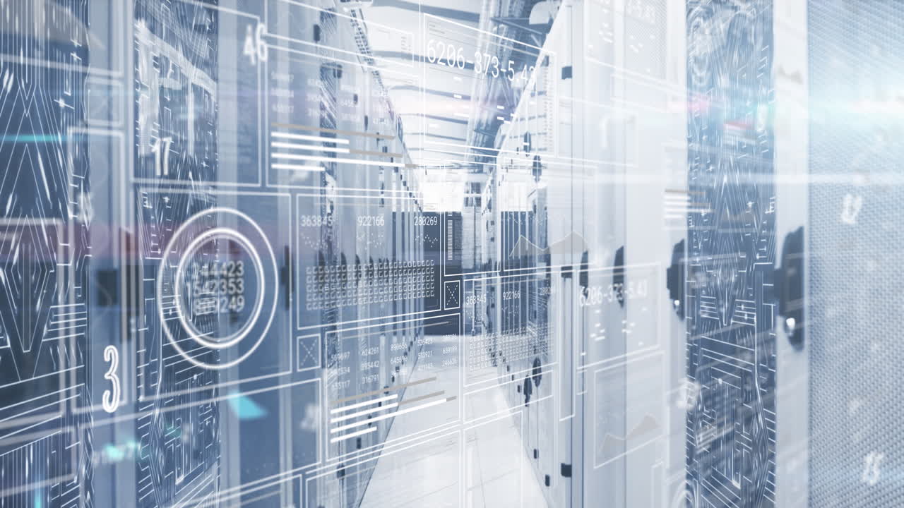 Animation of hud screens with numbers and letters over illuminated data server racks