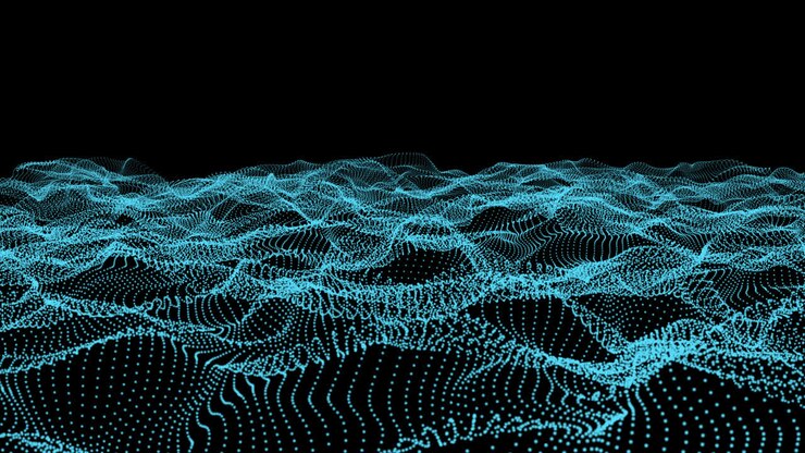 Onda astratta di particelle digitali, animazione di dati digitali, sfondo cyber o tecnologico