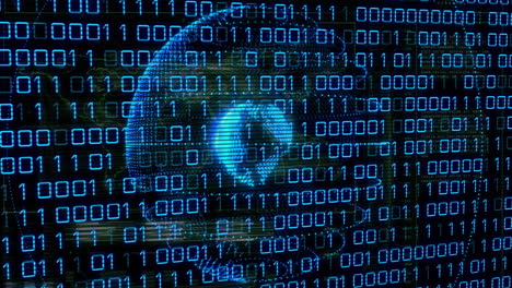 binary code and digital globe animation over cityscape background