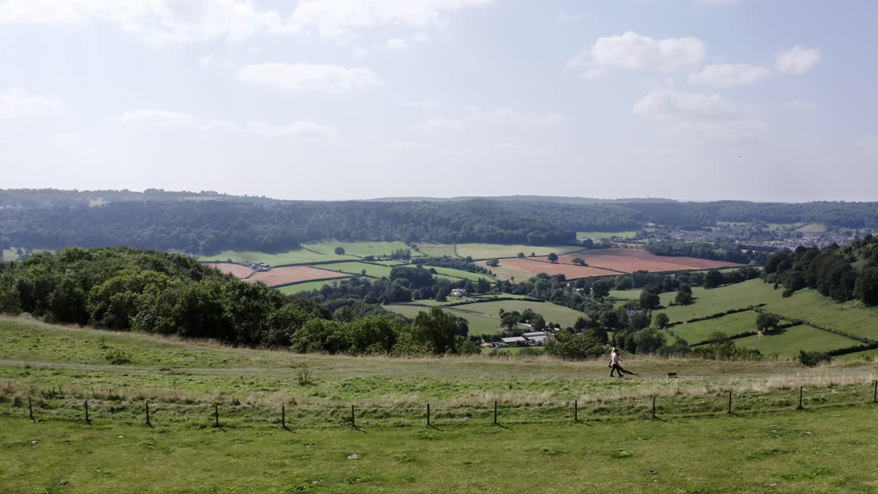 AEREA - Persone che portano a spasso il loro cane su una collina vicino a Uley, Cotswolds, Inghilterra, carrellata a destra