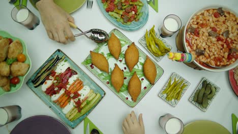 top view of a traditional delicious family dinner table