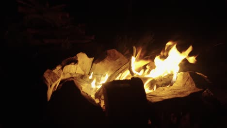 Camper-roasting-a-Marshmallow-on-a-stick-in-orange-campfire-at-night