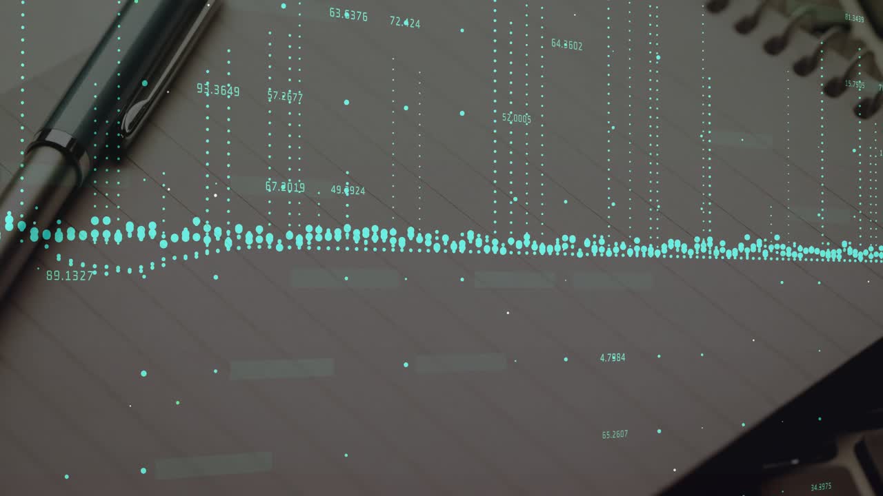 Notebook and pen, translucent data overlay fading in, circles shifting vertically showing values